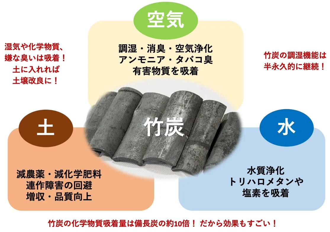 竹炭塊堆疊實景，展現天然炭材質感